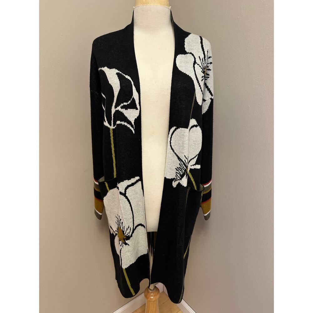 Black Floral Open-Front Long Cardigan Sweater